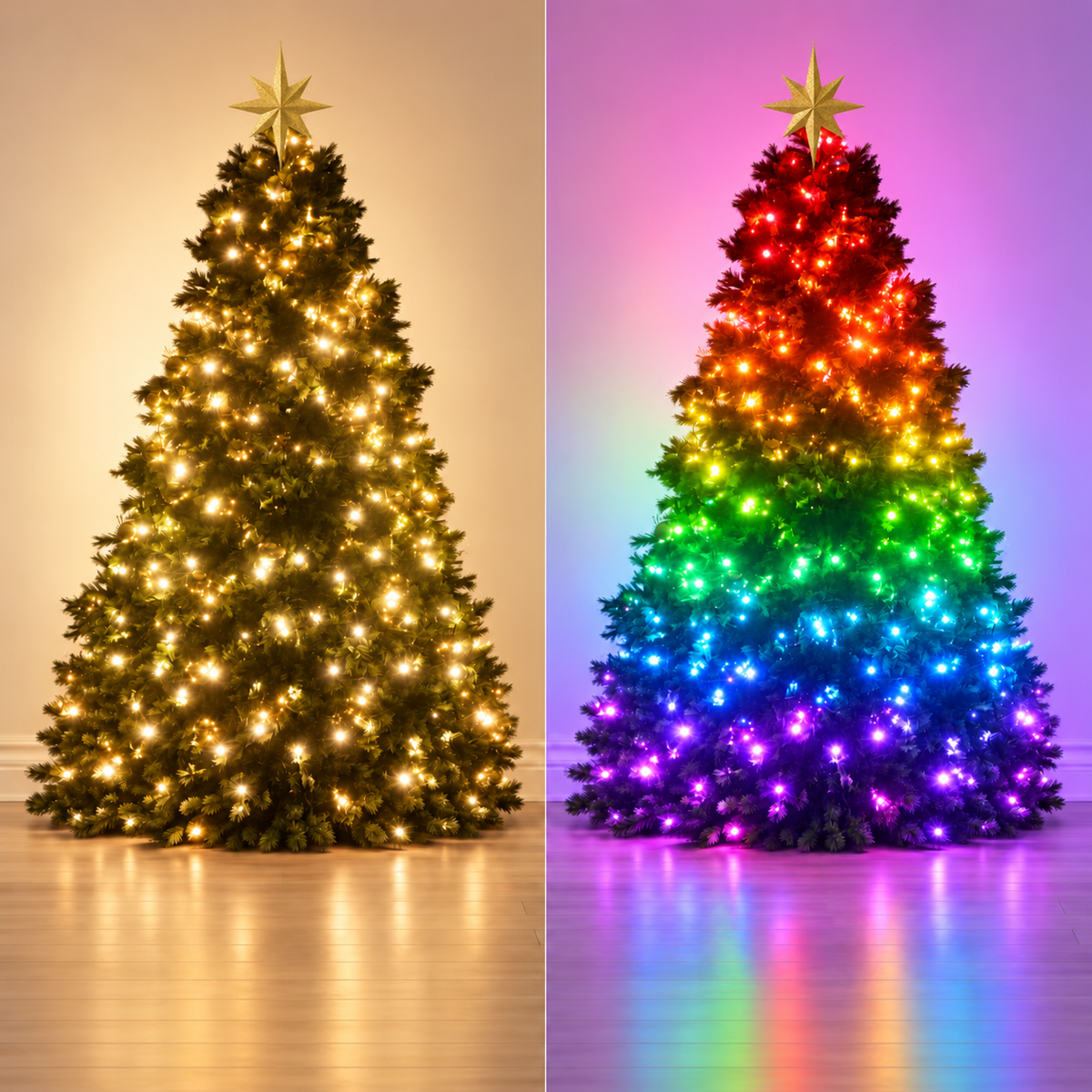 Colour-changing RGBIC Christmas lights showing warm white and multicolour tree lighting