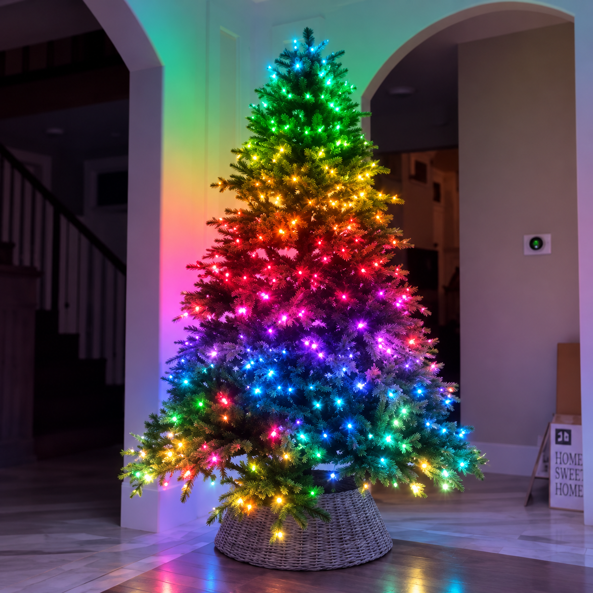 Colour-changing smart Christmas tree lights creating a multicolour festive display