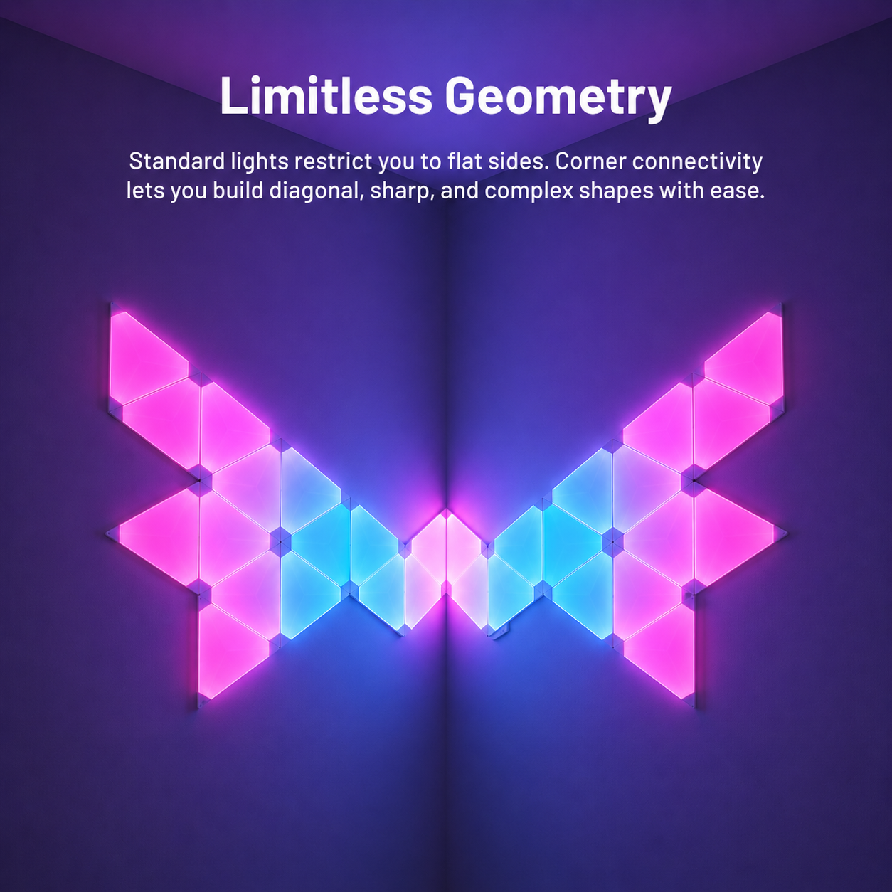 RGB triangle wall light panels arranged across a room corner, showing pink and blue geometric lighting with corner connectivity for custom layouts.