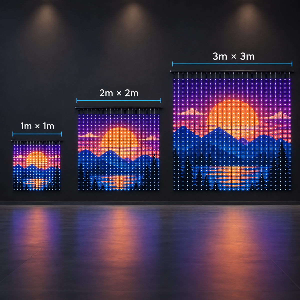 Curtain lights size comparison showing 1x1m, 2x2m and 3x3m options
