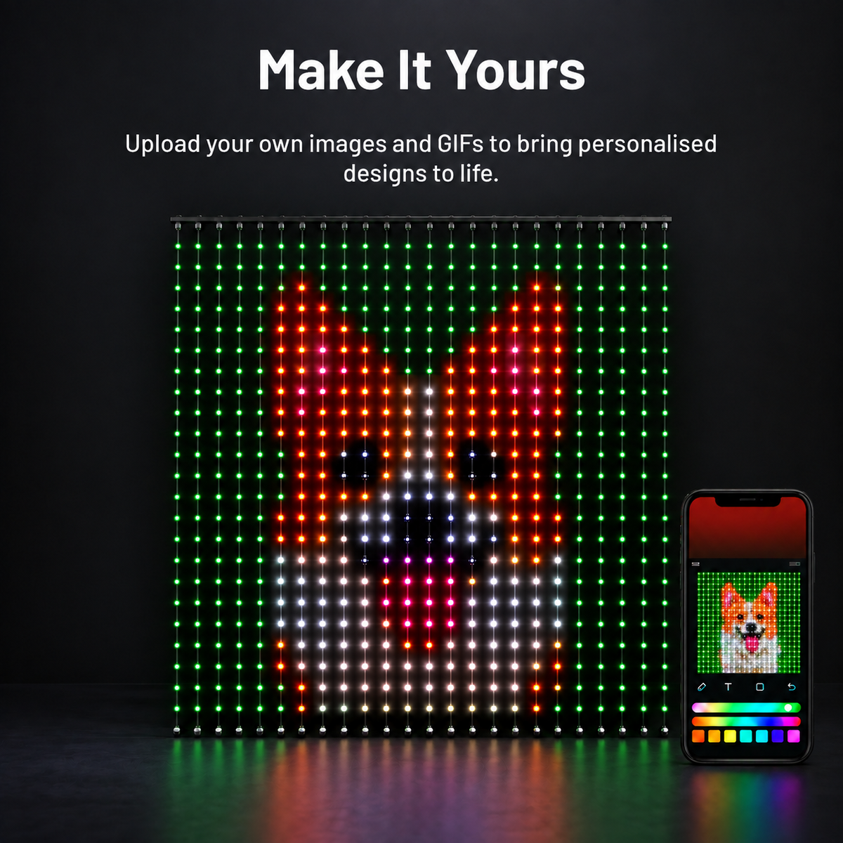 LED curtain lights displaying a custom uploaded dog image controlled from a smartphone