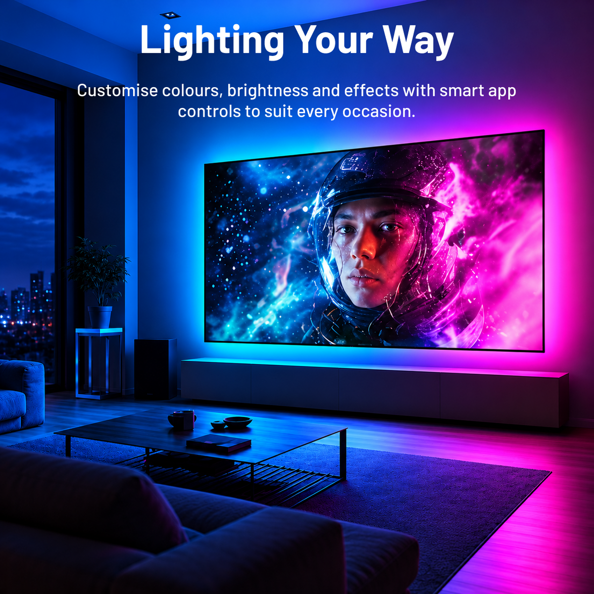Smart TV lighting with blue and pink effects surrounding a screen, showing customisable colours and app controls.