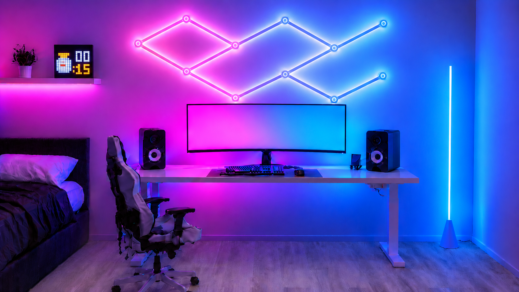 Desktop gaming setup after adding Zyko setup essentials, with RGB lighting products creating a more immersive desk and monitor space.