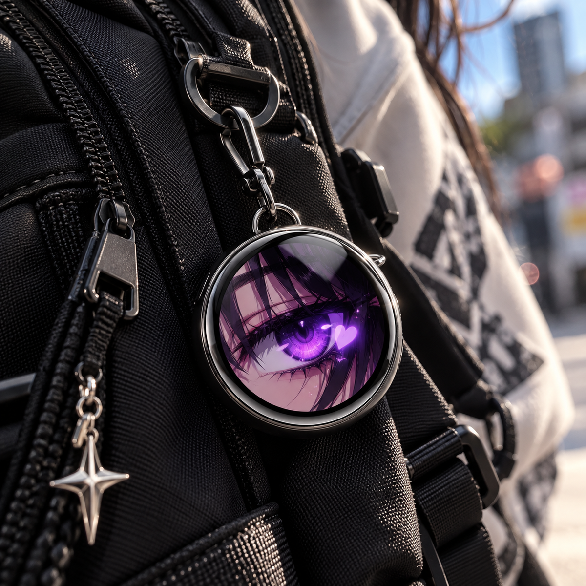 Digital pin badge attached to a black backpack displaying custom anime artwork