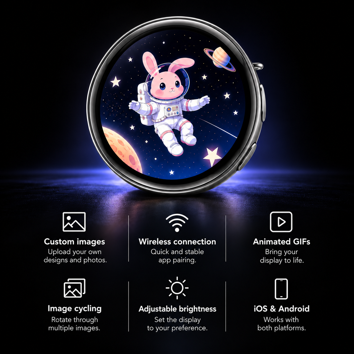 Zyko digital pin badge features including Bluetooth 5.3, built-in speaker, touch controls and image cycling