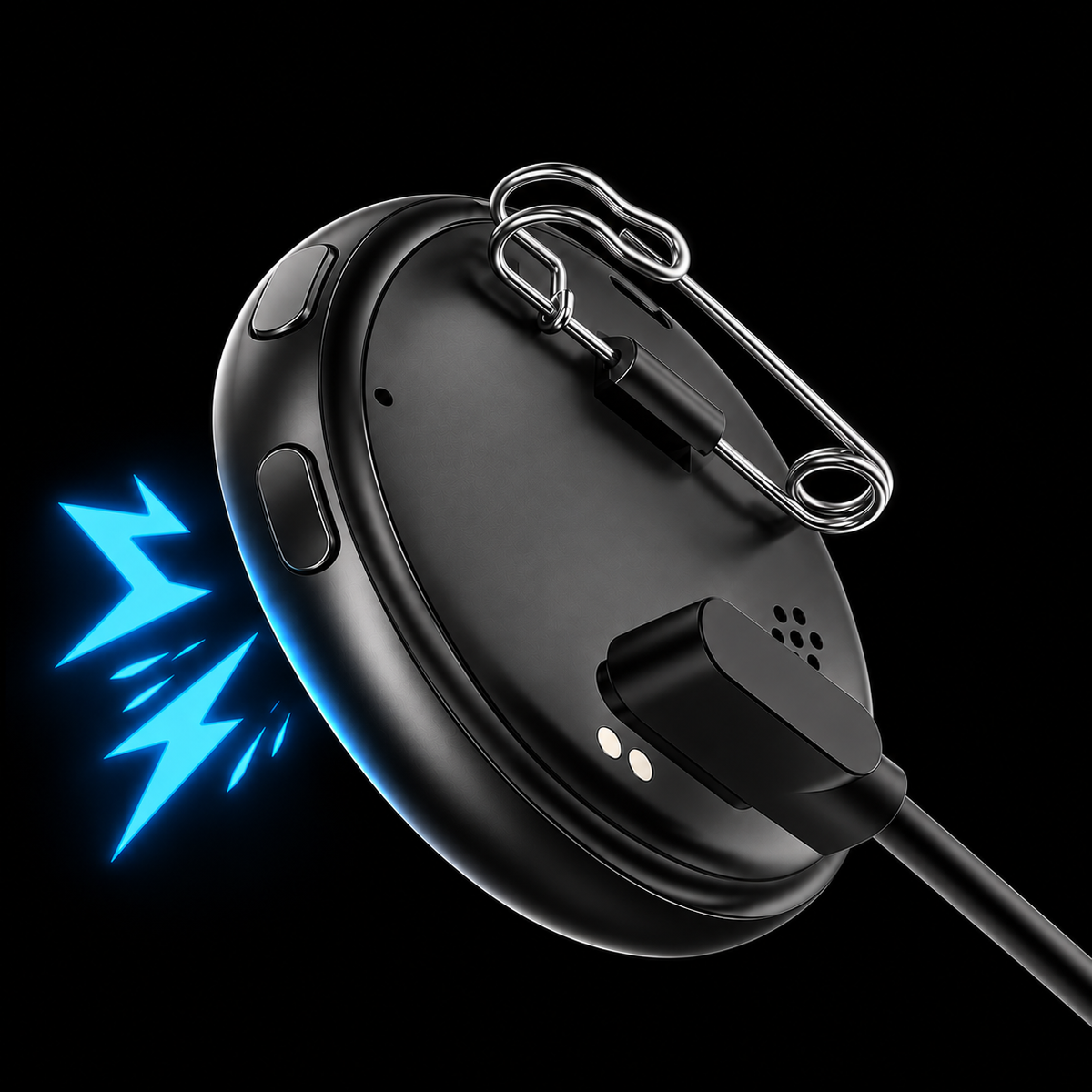 Rear of electronic badge showing the pin attachment, charging connection and built-in speaker