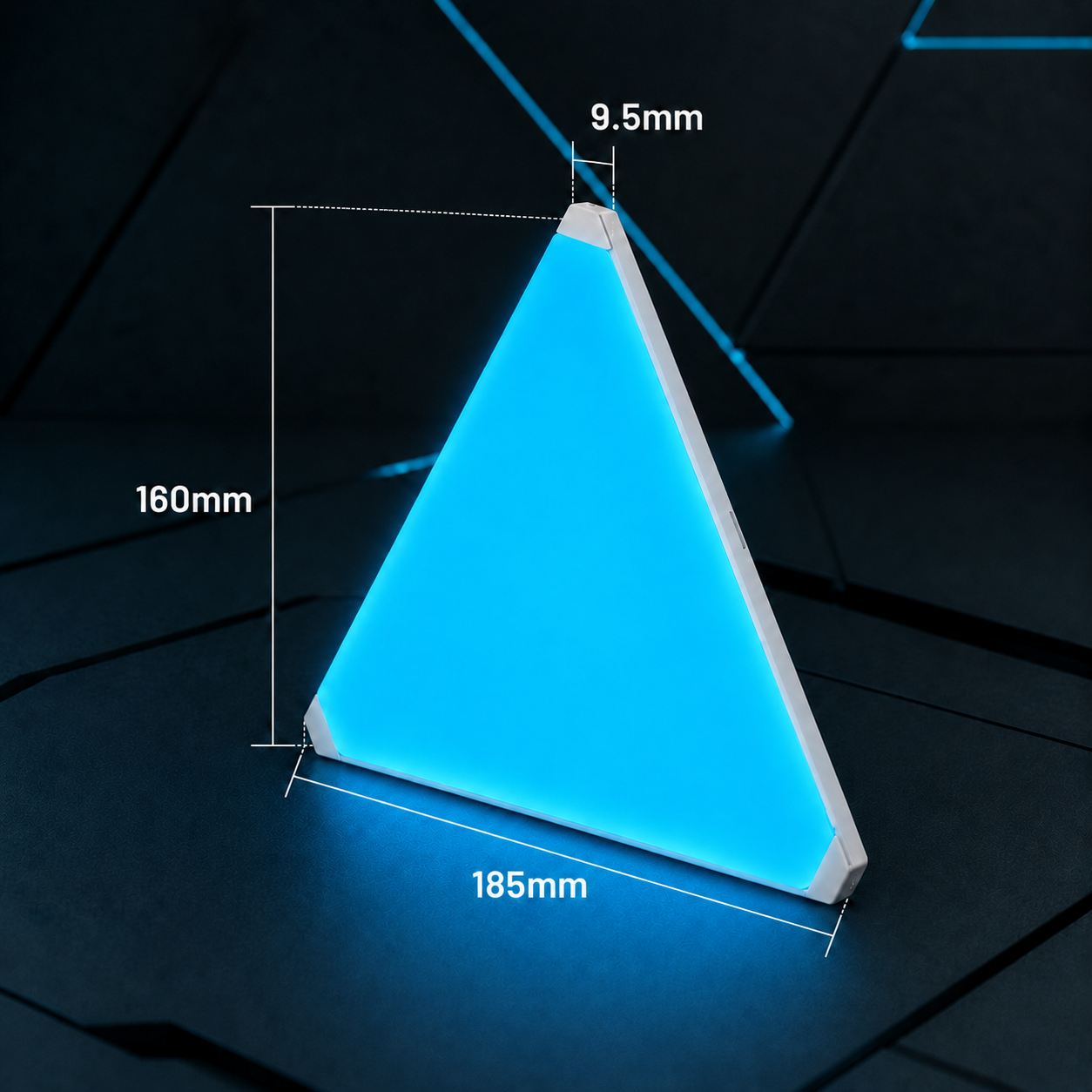 Elements Triangle Panel with size measurements showing the dimensions of the smart wall light panel.