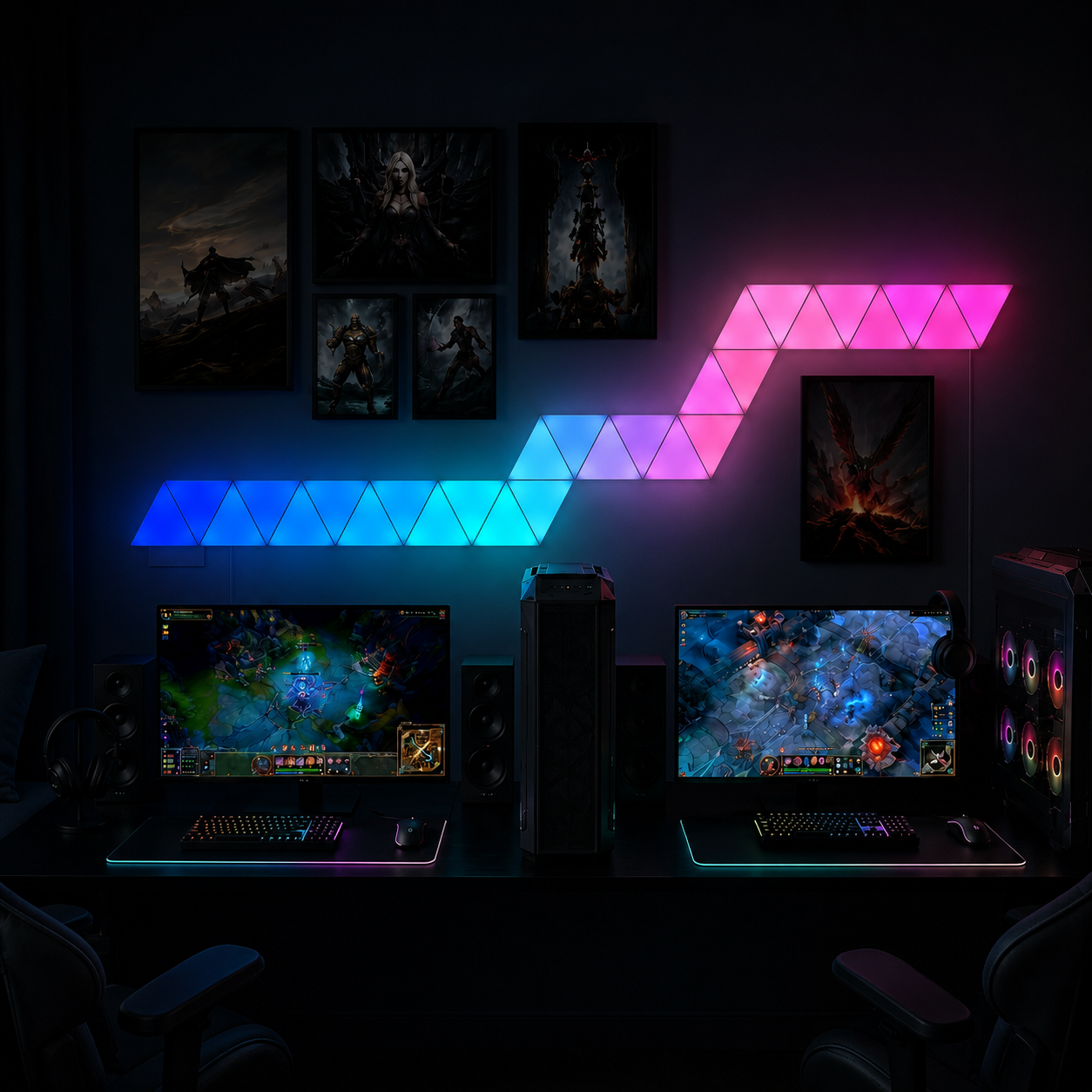 Pink and blue Elements Triangle Panels creating ambient RGB lighting for a gaming setup.