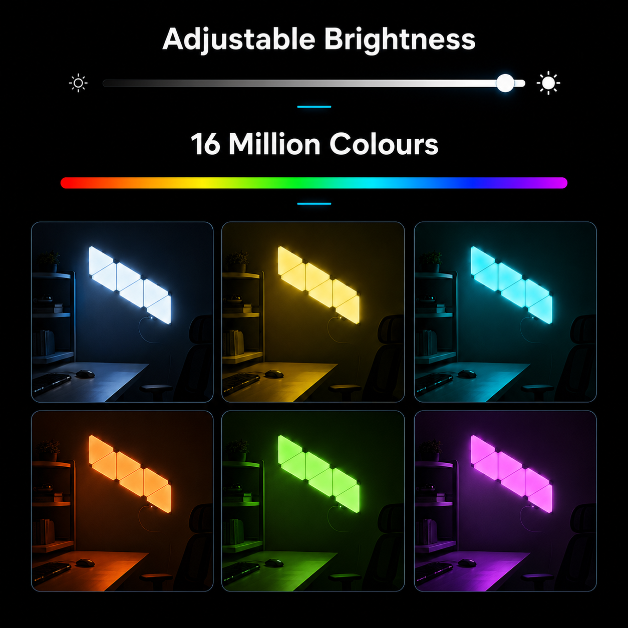 Elements Triangle Panels displaying multiple RGB colour modes for custom wall lighting layouts.