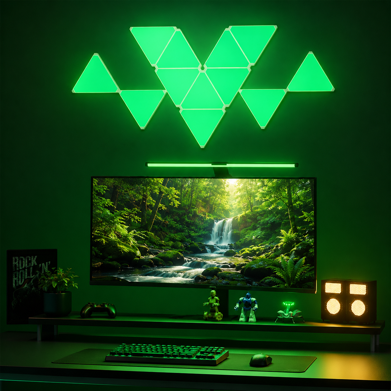 Elements Triangle Panels arranged as RGB wall lights for a gaming setup, adding geometric ambient lighting and colour to a modern desk space.