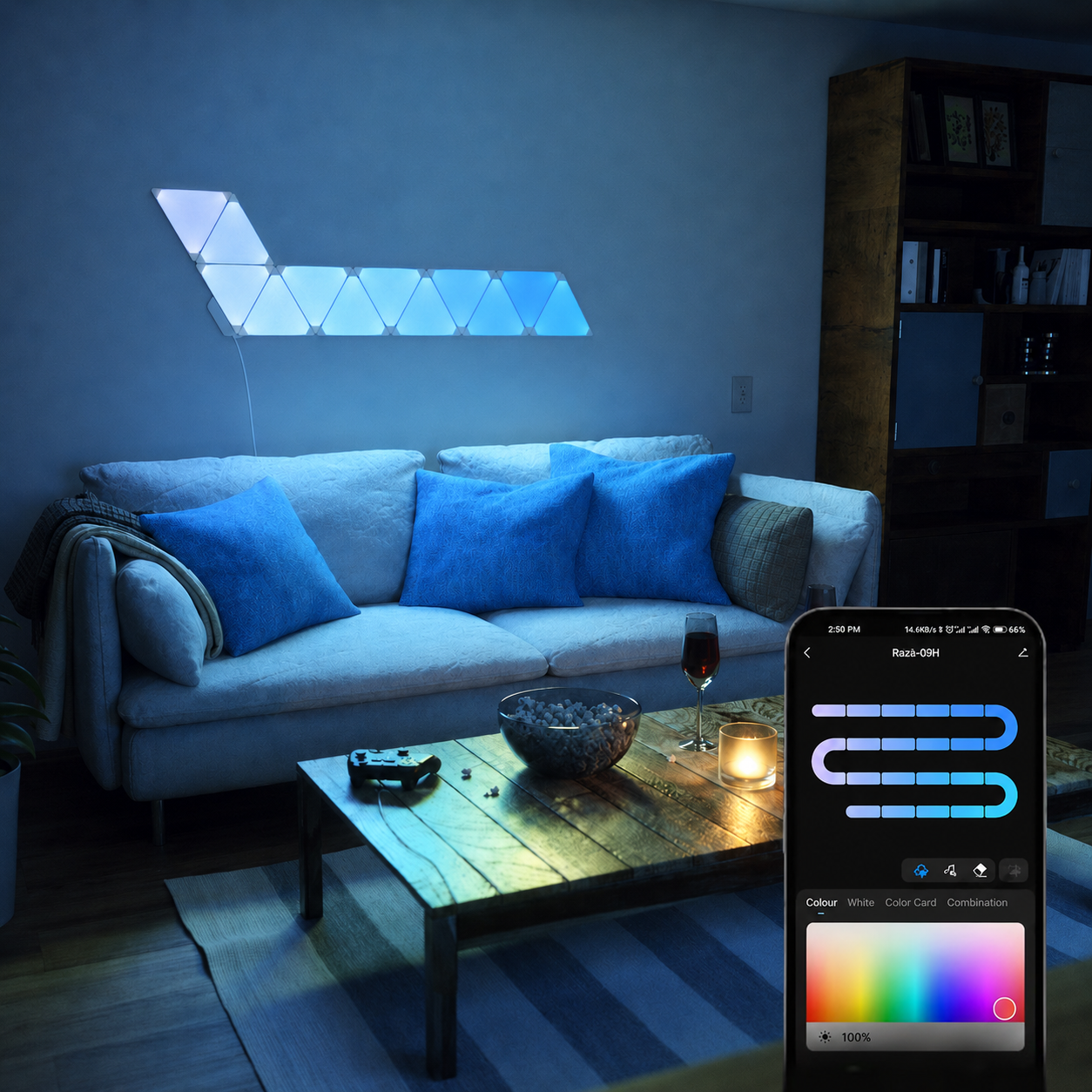 Elements Triangle Panels showing smart app control and colourful RGB lighting modes.