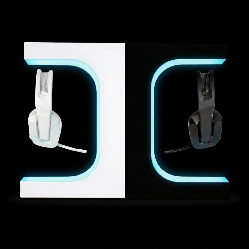Floating headset display designed for clean gaming desks, showcasing headphones above the base while adding a premium organised look to the setup.