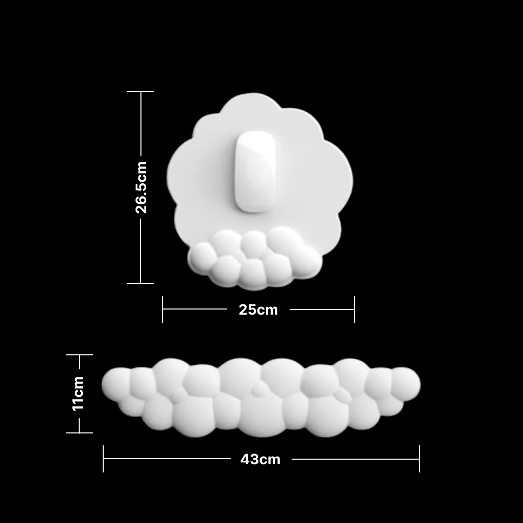Dimension guide of foam wrist rest shown on black background, referencing ergonomic wrist rest for keyboard and cute kawaii room ideas use.