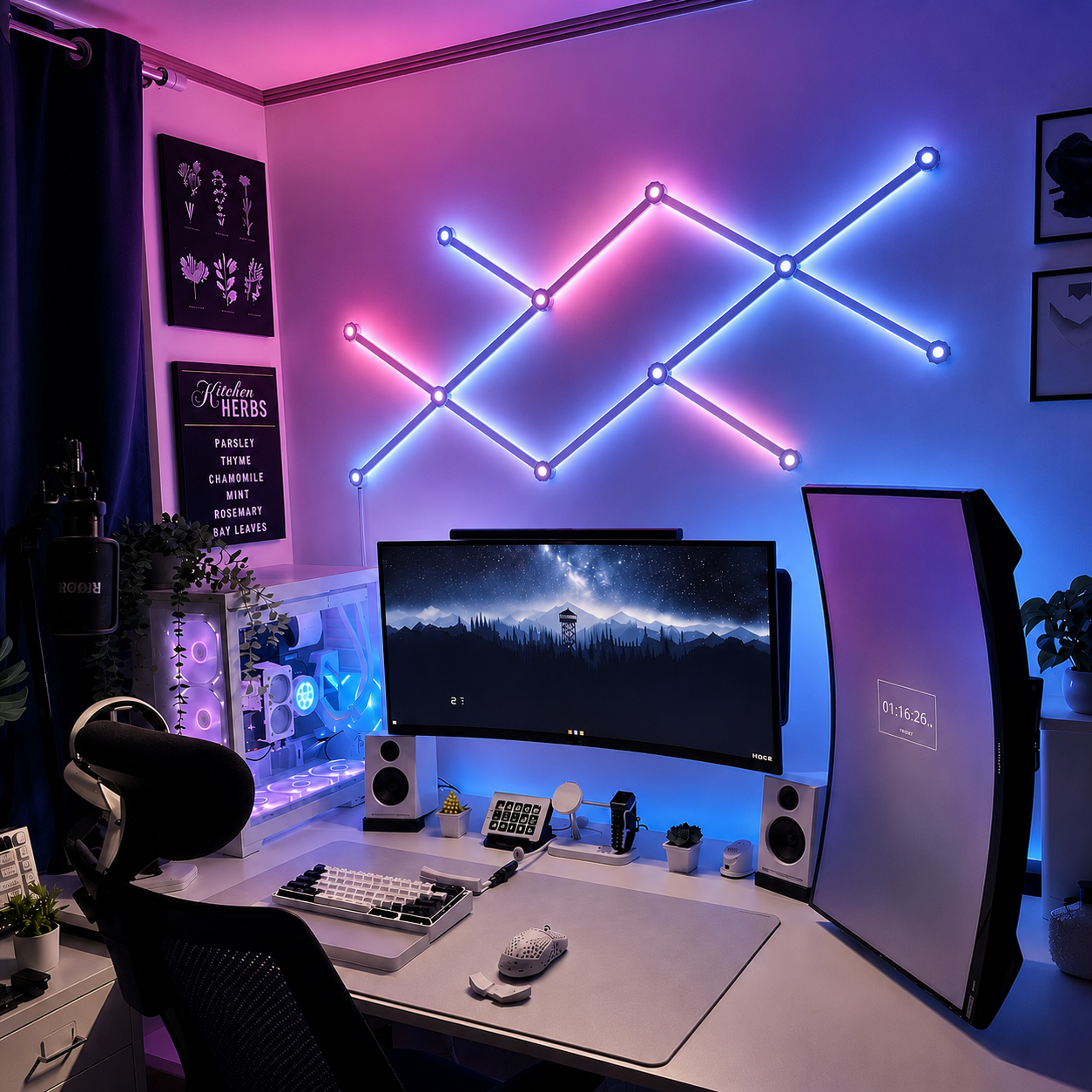 Modern gaming setup with neon lights on the wall