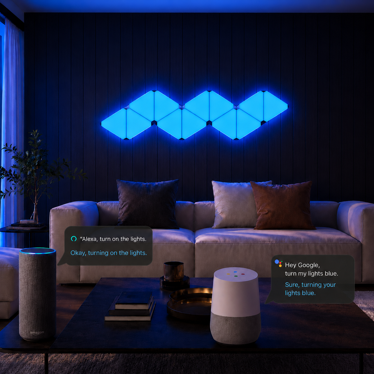 Geometric LED triangle panels used as gaming wall decor, adding colour-changing ambient light and a clean modern backdrop to the setup.