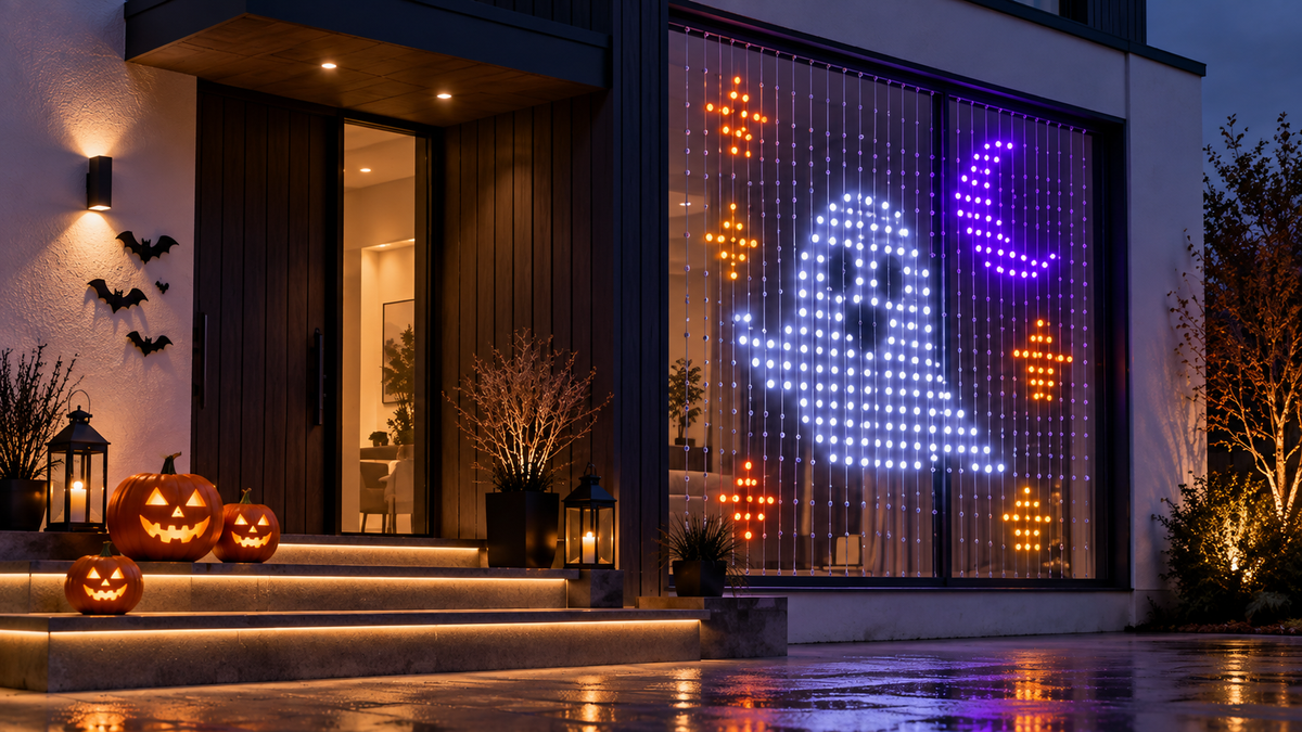 Halloween curtain lights displaying a glowing ghost and spooky designs in a window
