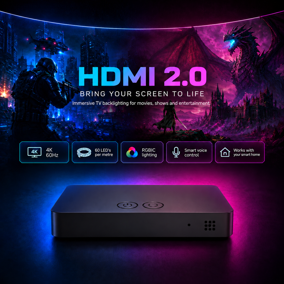HDMI 2.0 TV backlight kit graphic highlighting 4K 60Hz, RGB lighting and smart control features.