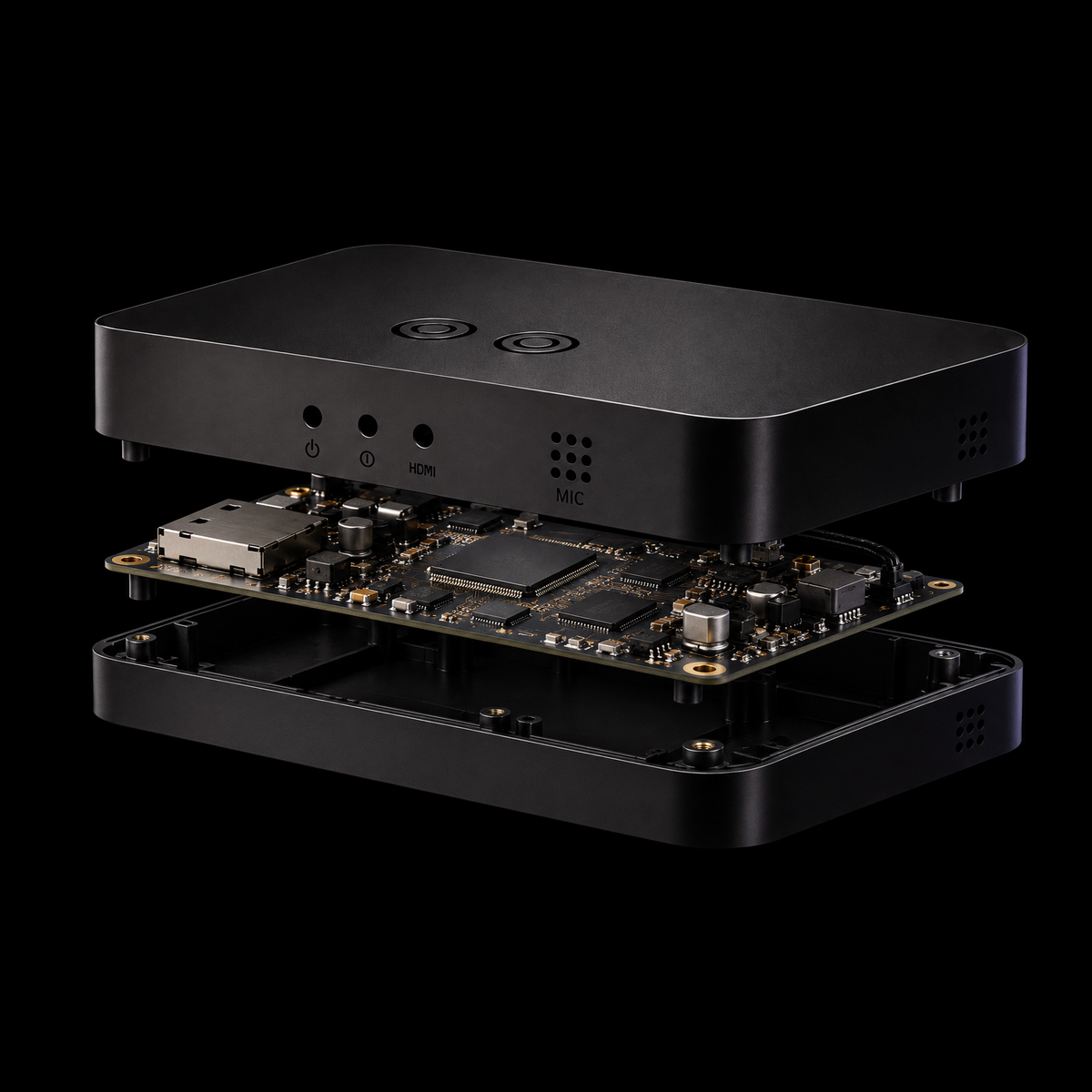 Exploded view of the Zyko Atmos HDMI 2.0 Sync Box showing its internal circuit board and components used for responsive RGB TV backlight synchronisation.