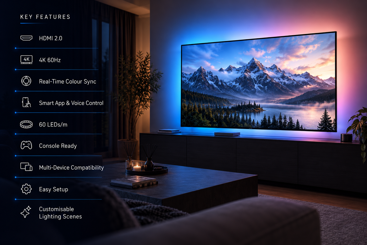 Living room TV with reactive blue and pink RGB backlighting, displaying HDMI 2.0 sync box features including 4K 60Hz, console compatibility, app control and customisable lighting scenes.