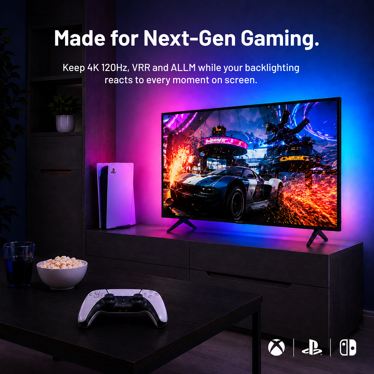 HDMI 2.1 gaming TV backlight supporting 4K 120Hz, VRR and ALLM