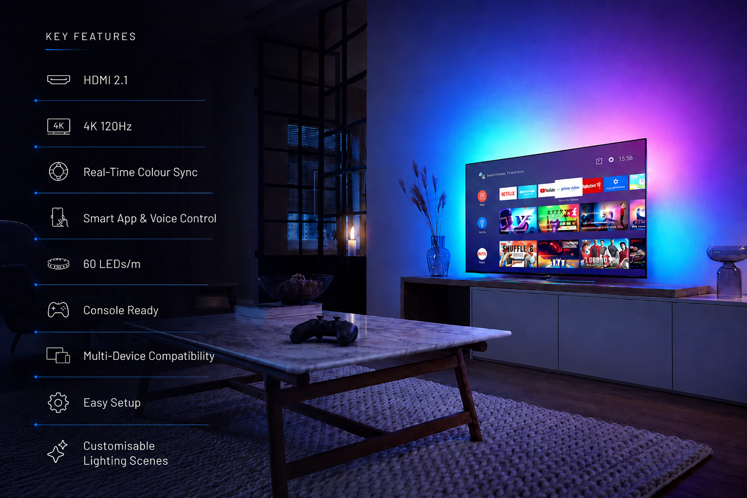 Key features graphic for the Zyko Atmos HDMI sync box TV backlight kit showing HDMI 2.1, 4K 120Hz, real-time colour sync, app and voice control, 60 LEDs/m and console compatibility.