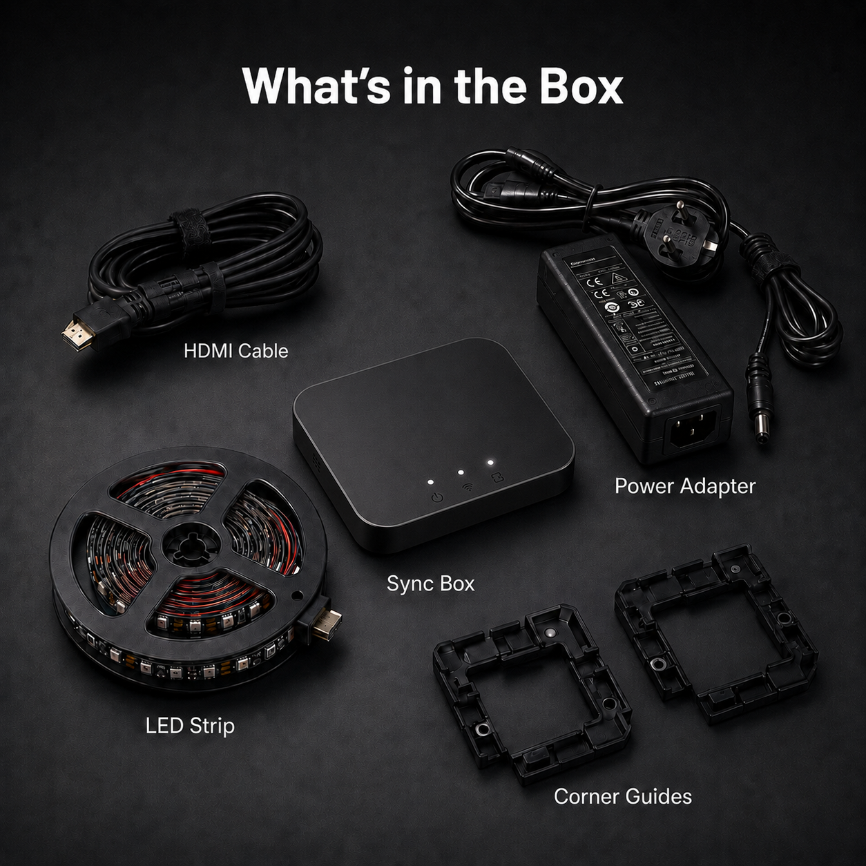 HDMI TV backlight kit with sync box, LED strip, HDMI cable, power adapter and corner guides