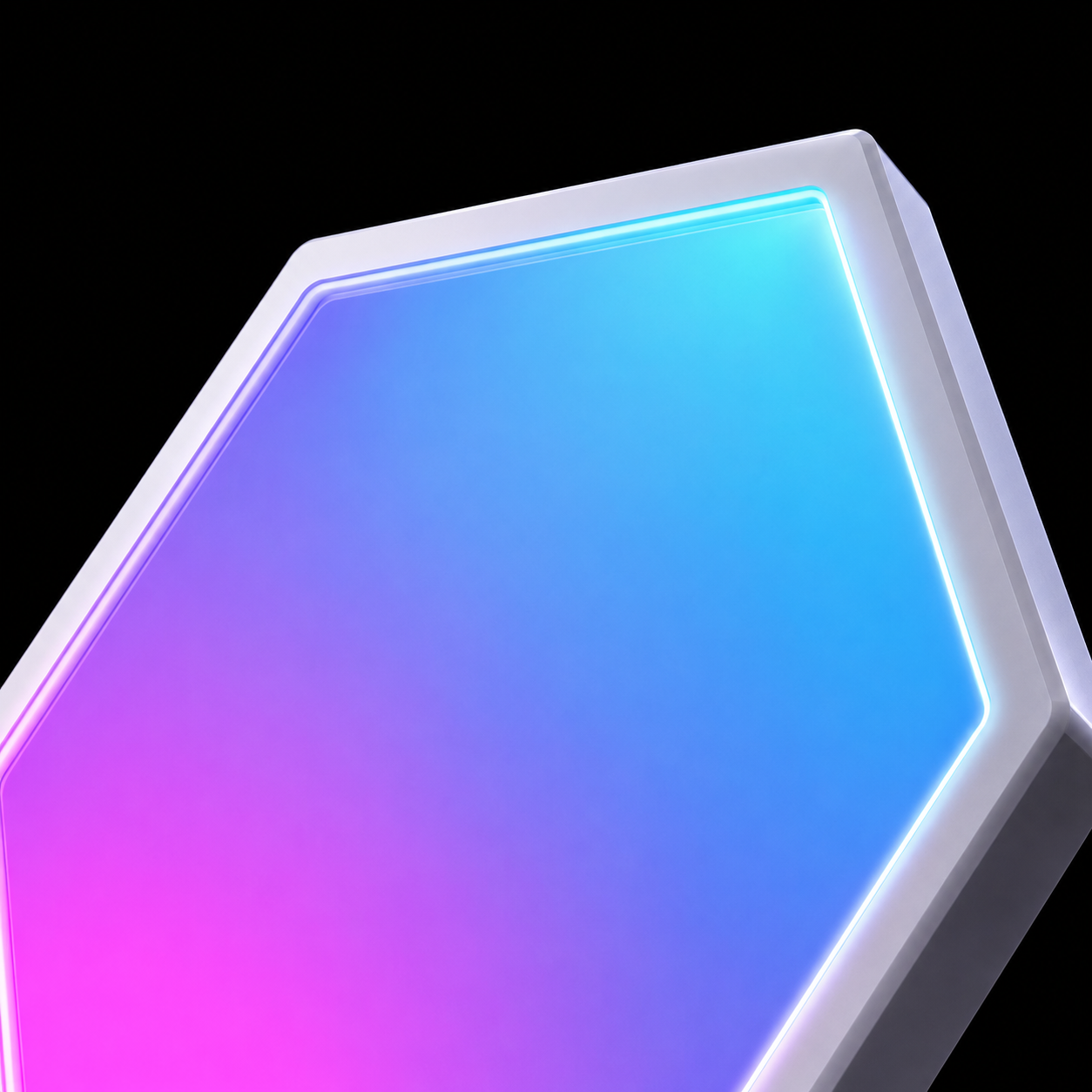 Close-up of a hexagon light panel showing the clean frame, ultra-slim 9.5mm profile and blue gradient glow.
