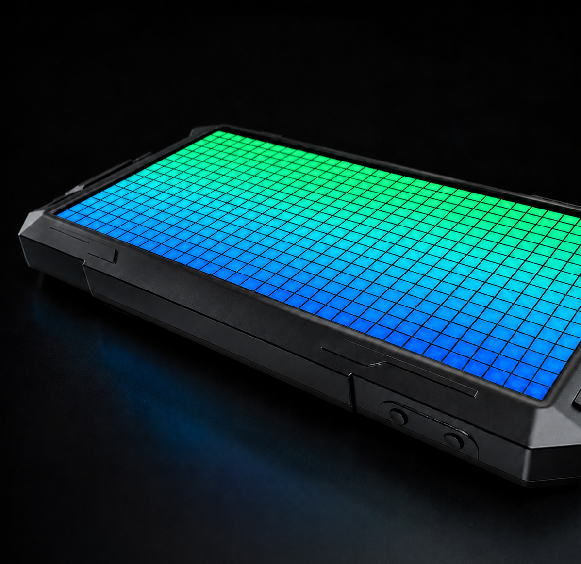 Horizontal LED pixel display showing a blue and green pixel lighting effect