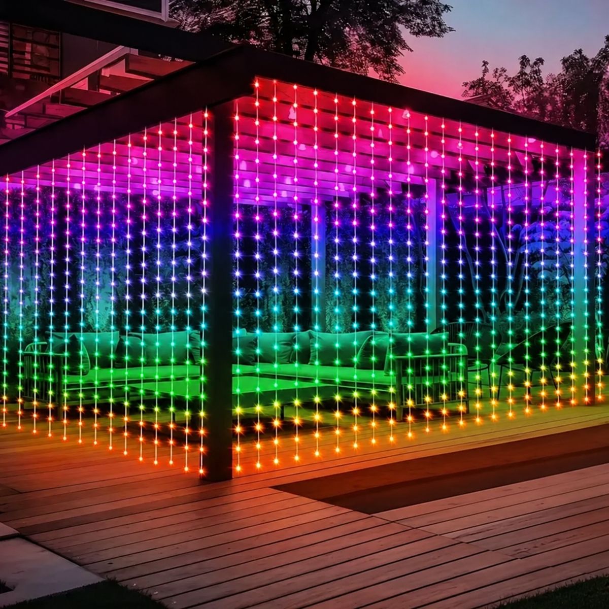 IP44 LED curtain lights creating a colourful display across a covered patio