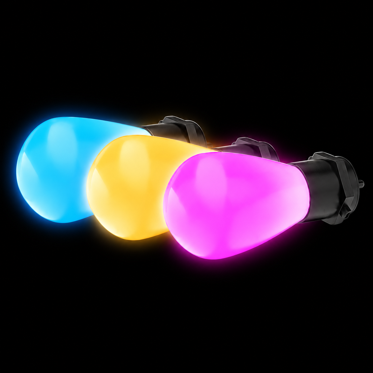 Close up of IP65 outdoor festoon lights with durable plastic globe covers for year round garden and patio use
