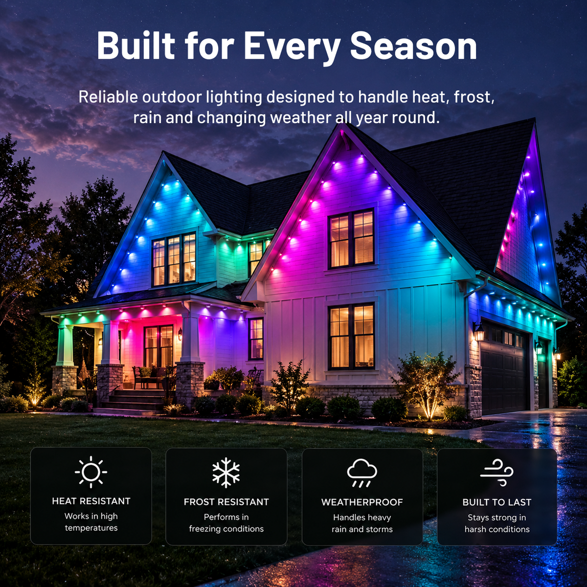 Permanent outdoor eaves lights installed on a house in wet outdoor conditions