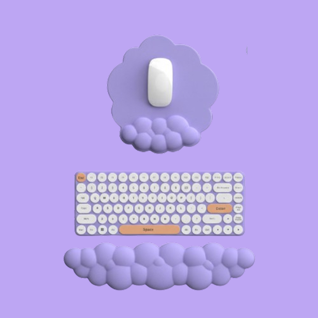 Lavender keyboard and foam wrist rest designed for desk kawaii decor and inspiring cute kawaii room ideas.