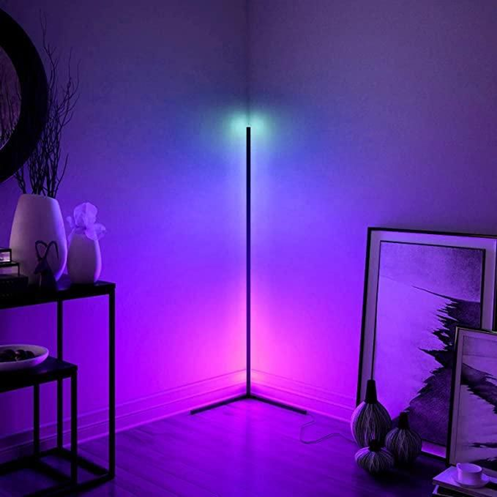 LED bulb for room effect shown through smart RGB corner floor lamp with vivid ambient lighting.