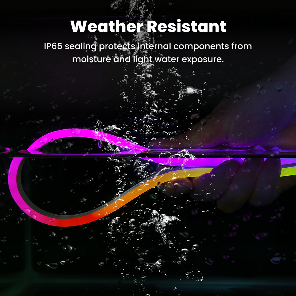 LED outdoor strip lights waterproof and glowing brightly under rain