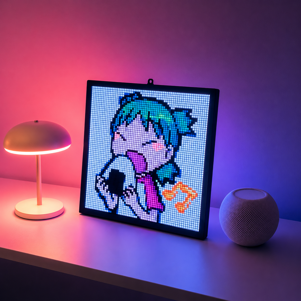 LED pixel art display showing colourful character artwork on a desk
