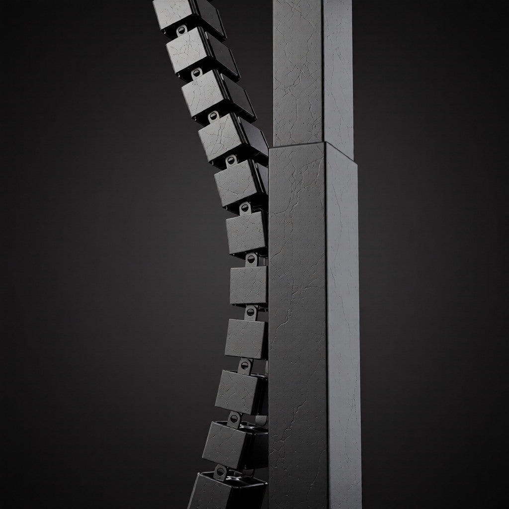 Close up of a modular cable management tube showing segmented detachable links that adapt to different desk setups