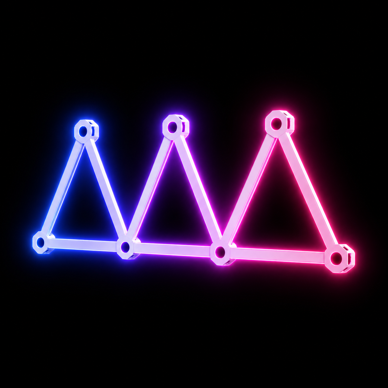 Neon light triangle with blue, pink, and red colors on a black background