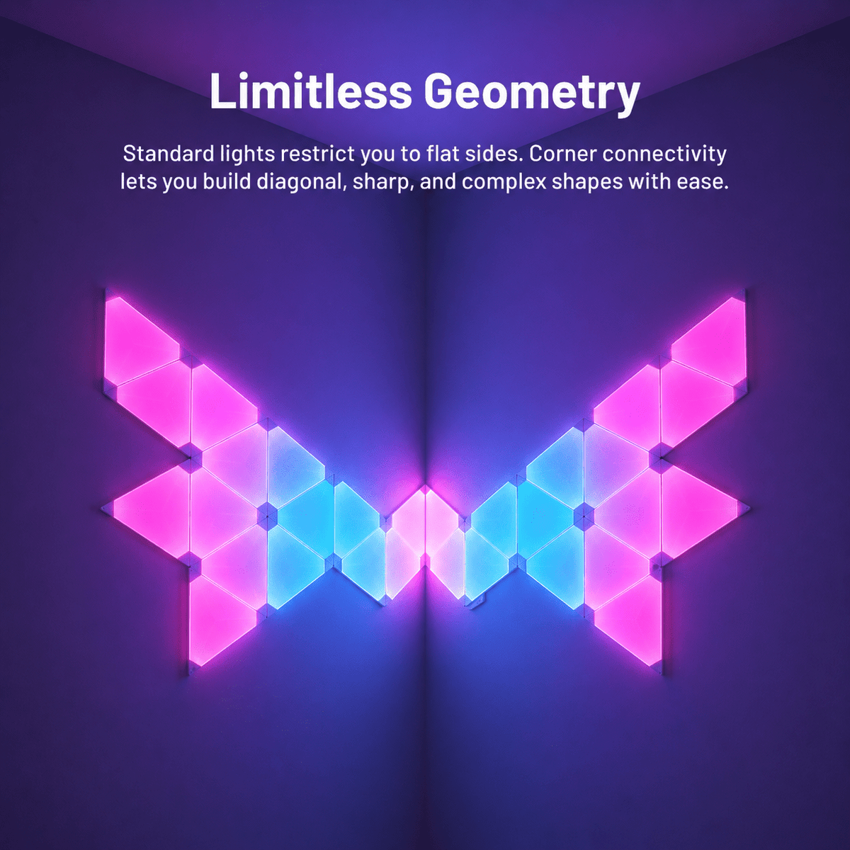 Modular triangle LED panels arranged into a custom geometric wall lighting design