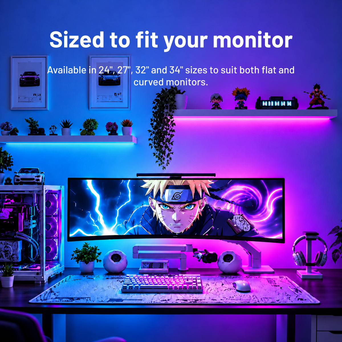 RGB monitor backlight on a gaming setup with size options for flat and curved monitors