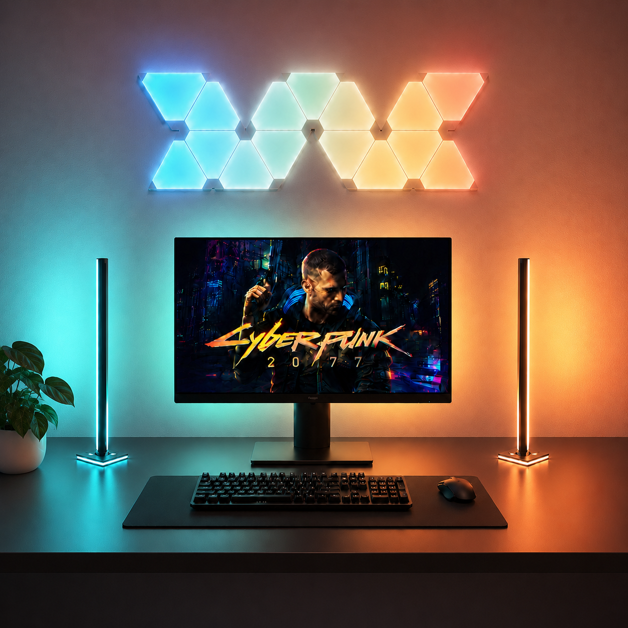 Monitor LED strip light adding RGB ambience behind the screen, helping create a cleaner, more immersive gaming desk setup.