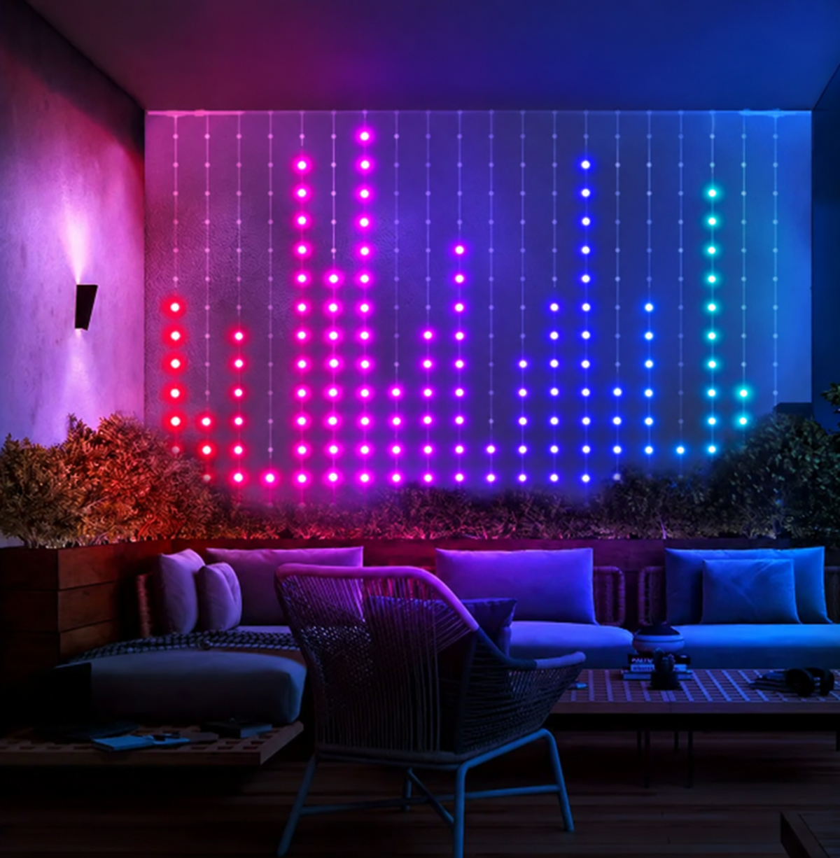 LED curtain lights displaying colourful music-reactive equaliser effects