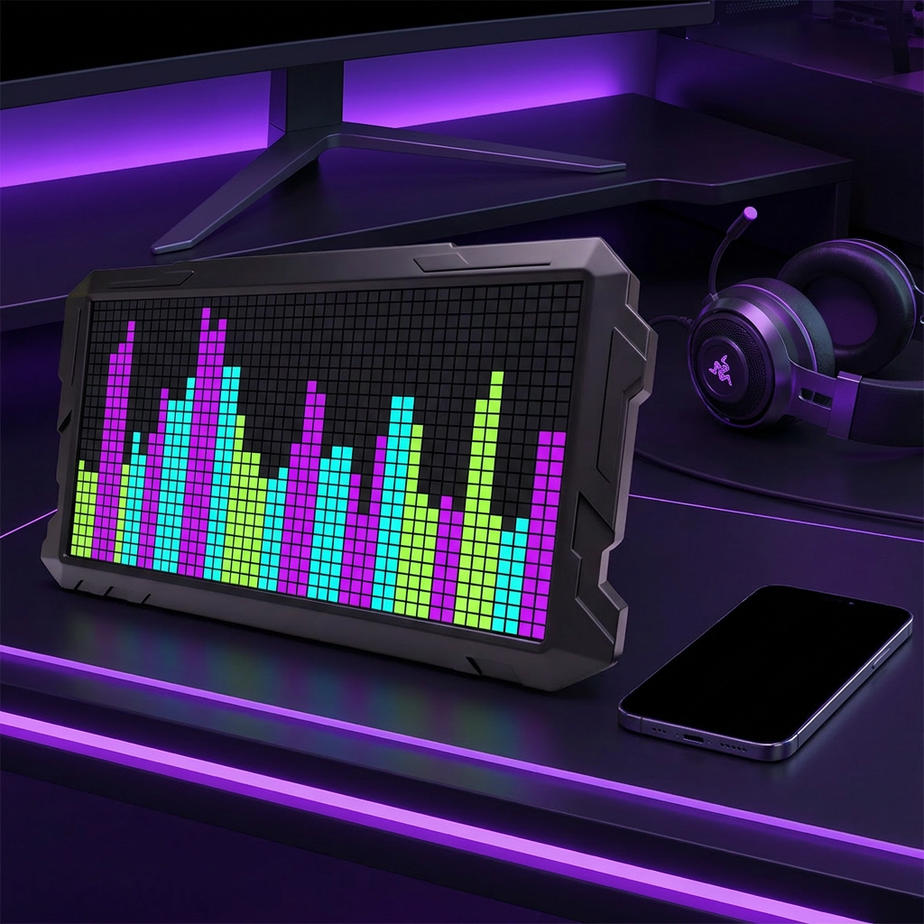 Music reactive pixel display showing colourful audio visualiser bars on a gaming desk