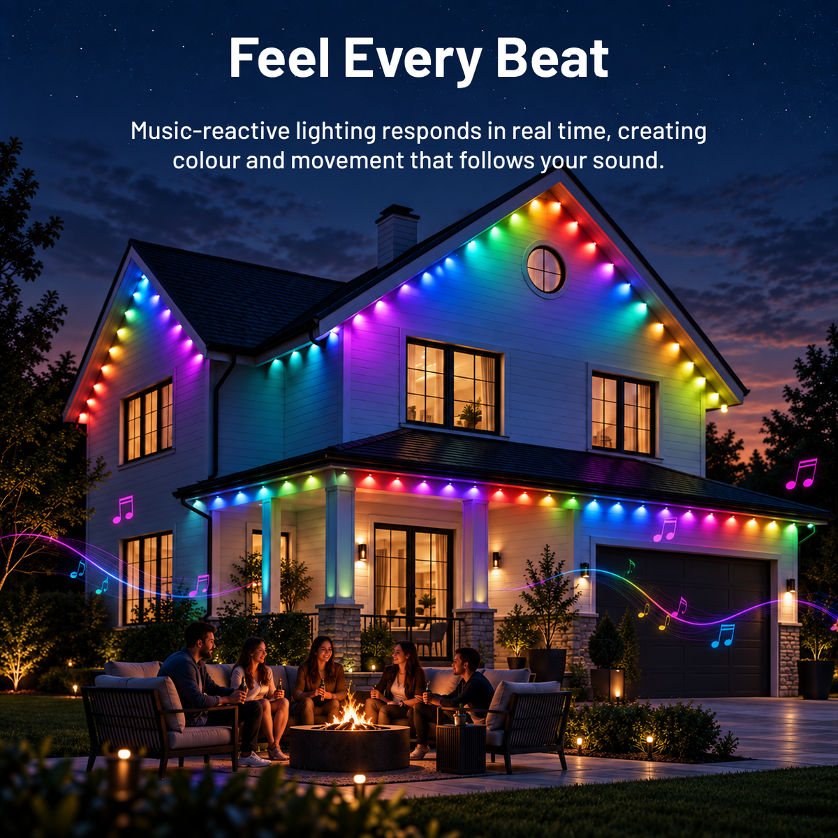 Music-reactive RGBIC outdoor lights creating multicolour effects around a house