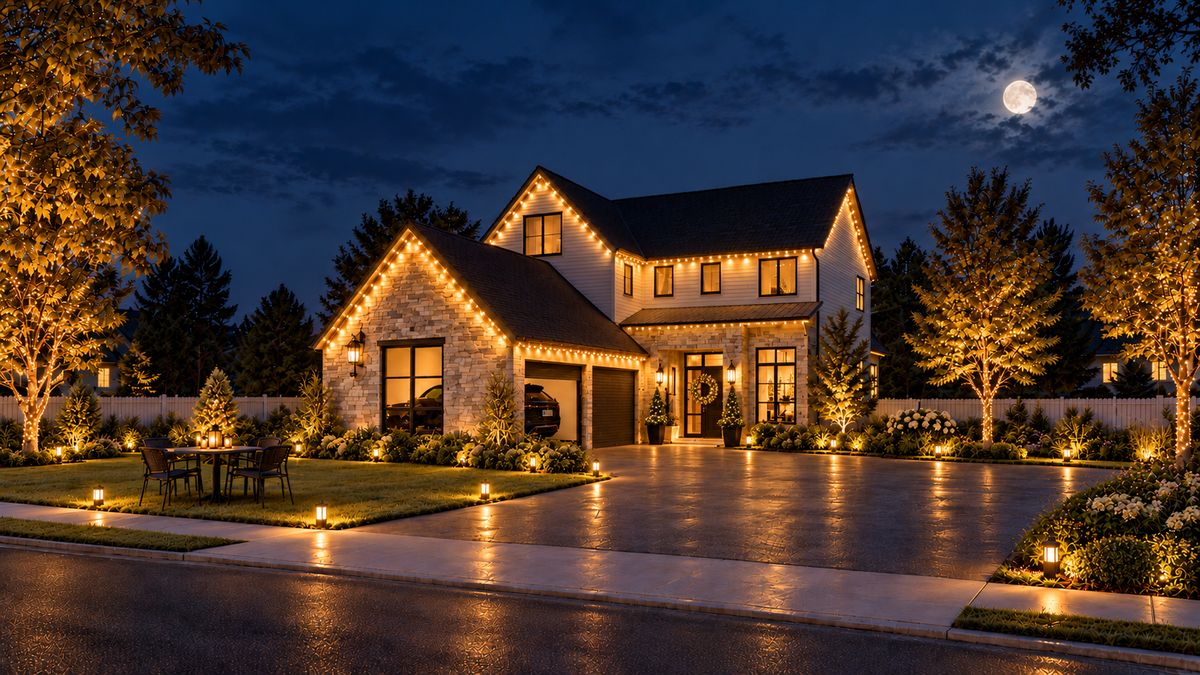 Permanent outdoor lights creating elegant gold and white New Year lighting on a house
