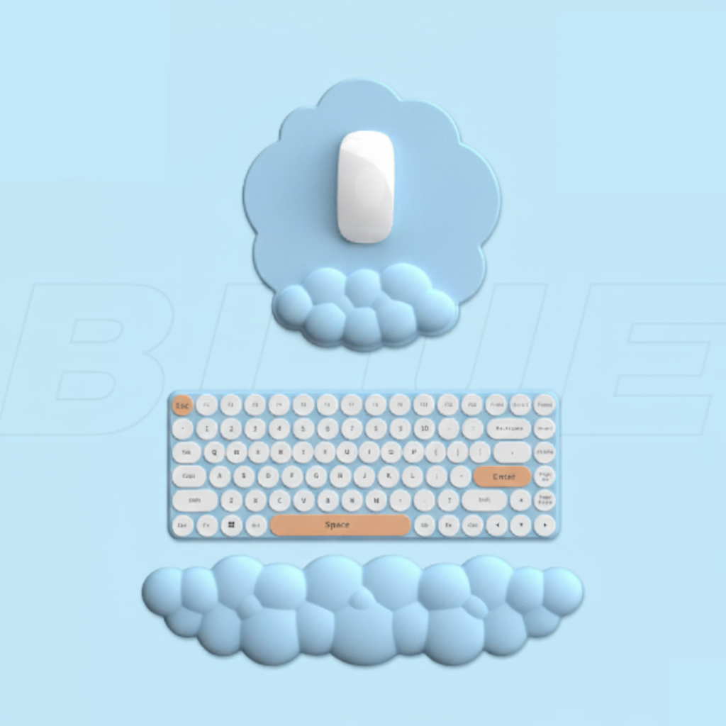 Pastel blue keyboard and wrist rest combo ideal for soft, cute kawaii room ideas or thoughtful kawaii gifts.