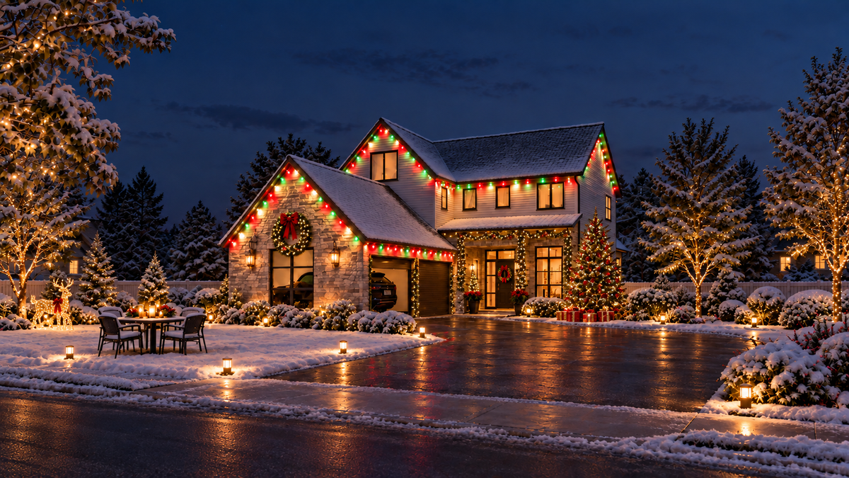Permanent Christmas outdoor lights illuminating a house with festive red and green colours
