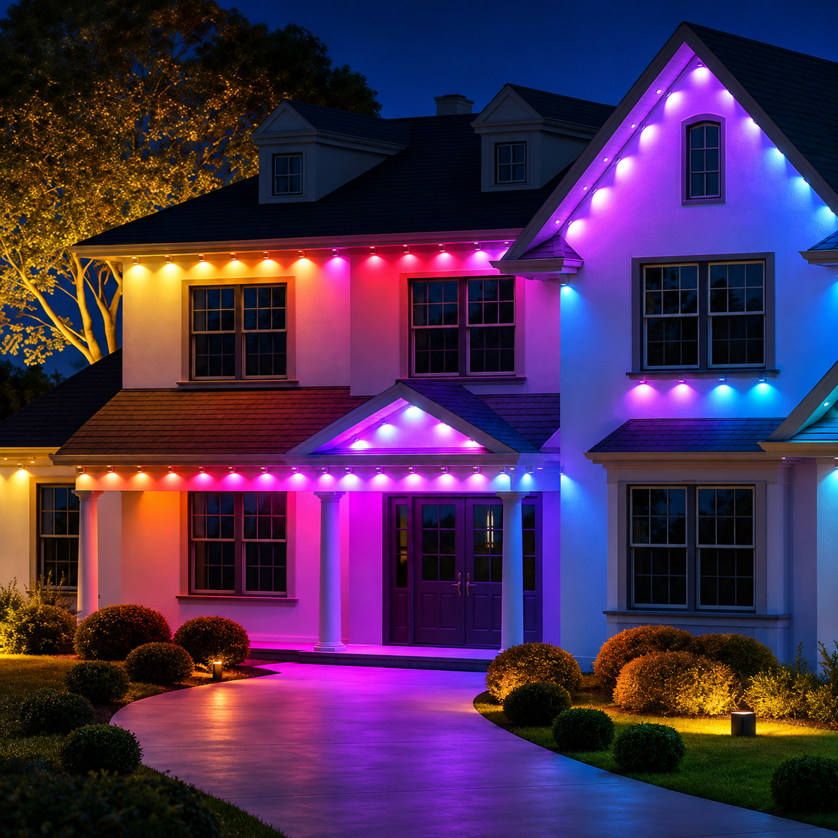 Permanent outdoor lights illuminating a house with multicolour RGBIC lighting