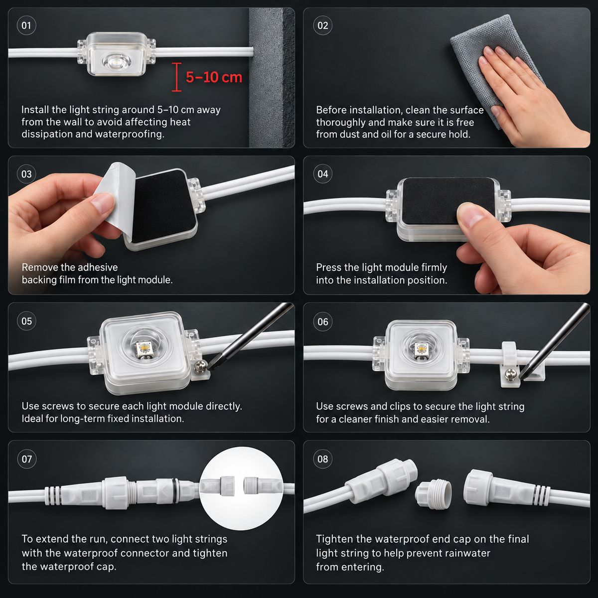 Installation guide for mounting permanent outdoor eaves lights and connecting sections