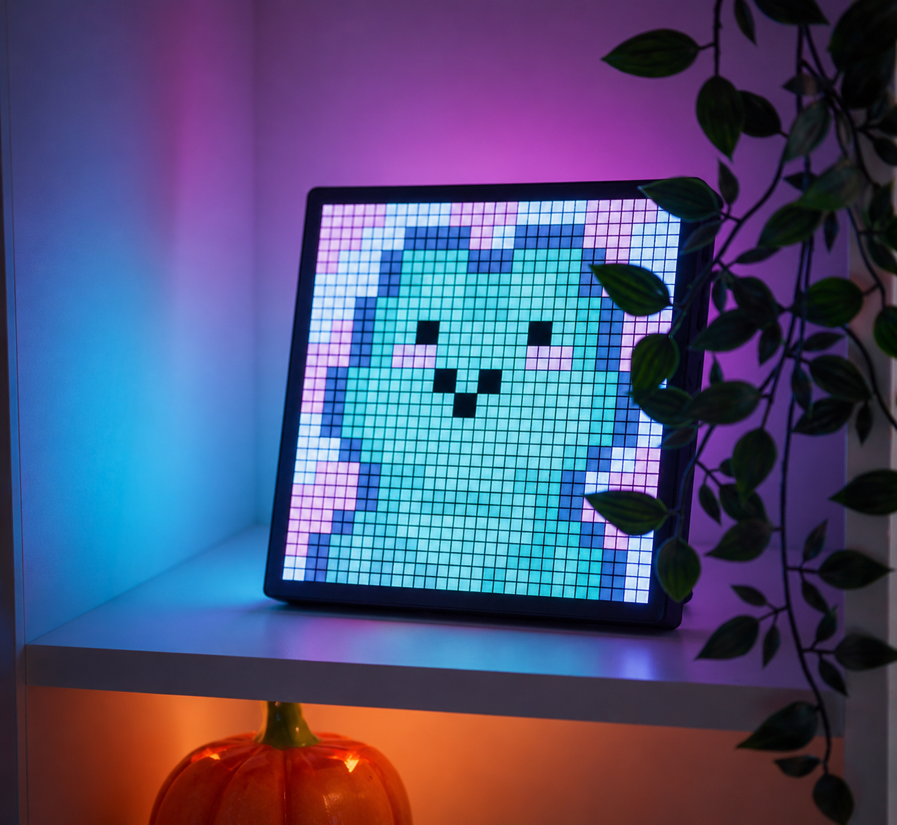 Pixel art display showing custom character artwork in a colourful room setup