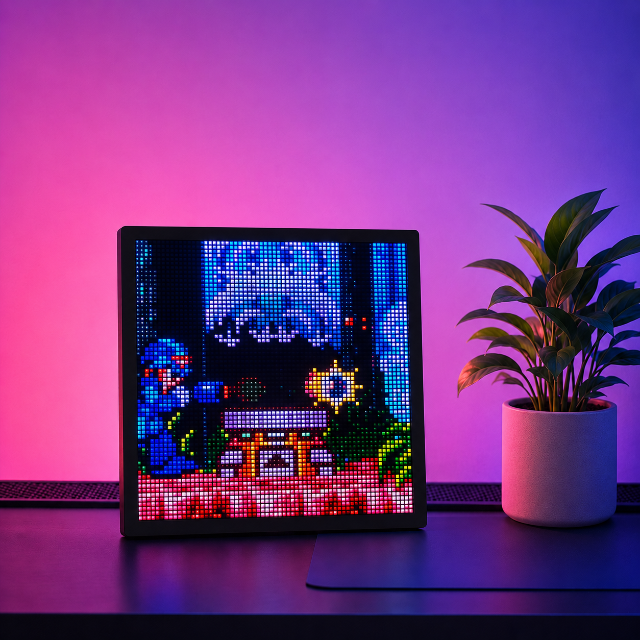Pixel art display on a desk with colourful ambient lighting